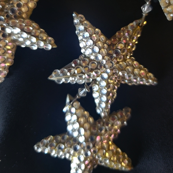 Stunning Statement Triple Star Rhinestone Earrings Evening Glamor 4.5" Clip Back - Picture 3 of 3